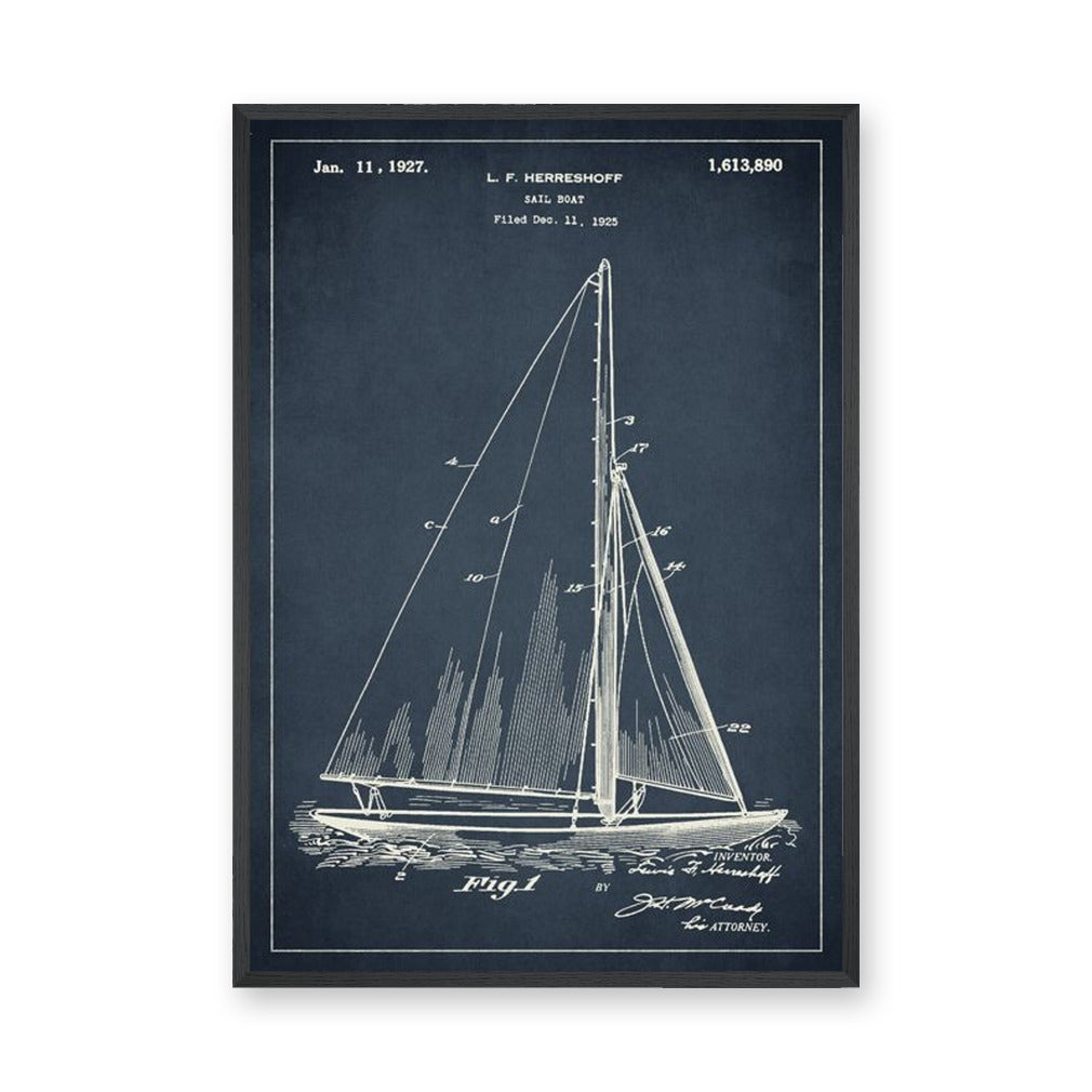 Sailboat Patent Blueprint Vintage Wall Art – Navy Fig. 1 Coastal Line Art