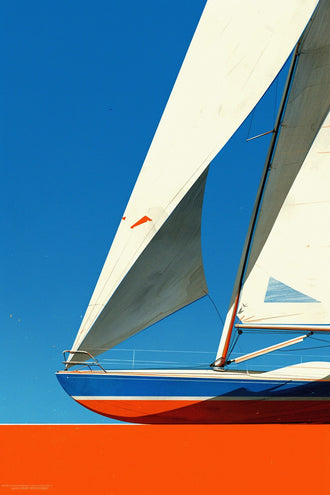 Sailboat Retro Coastal Wall Art – White Sails on Bright Blue Sky