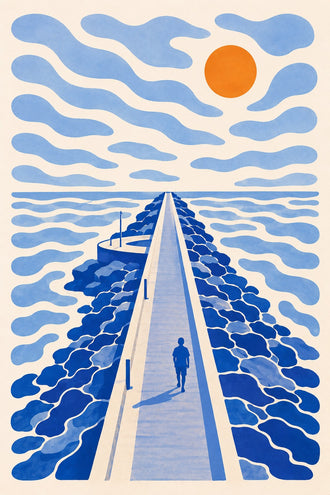 Seaside Jetty Coastal Wall Art – Blue Ocean Pier with Orange Sun