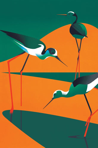Shorebirds Modern Geometric Wall Art – Teal Orange Wading Bird Print
