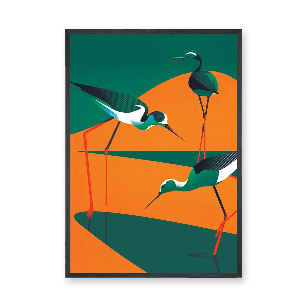 Shorebirds Modern Geometric Wall Art – Teal Orange Wading Bird Print