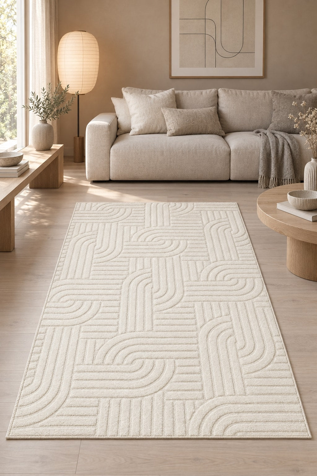Siena Modern Plush Area Rug – Ecru in a living room
