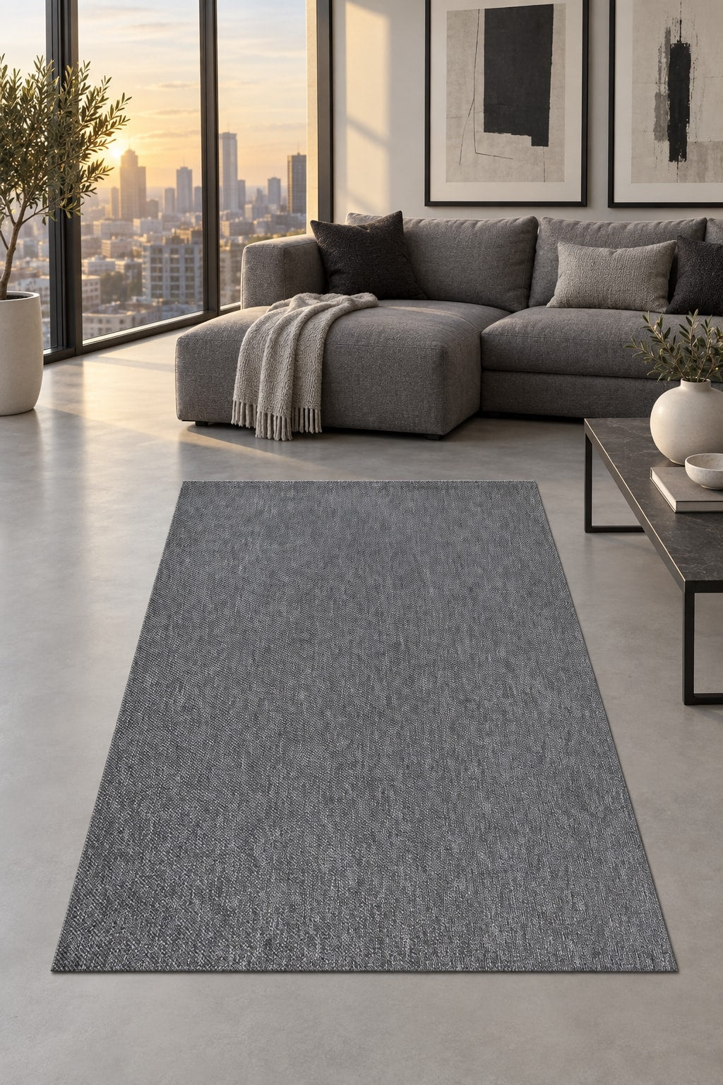 Sisal Look Scandinavian Area Rug – Charcoal & Cream in a living room