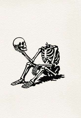 Skeleton Holding Skull Line Art Wall Art – Cream Surreal Skull Illustration