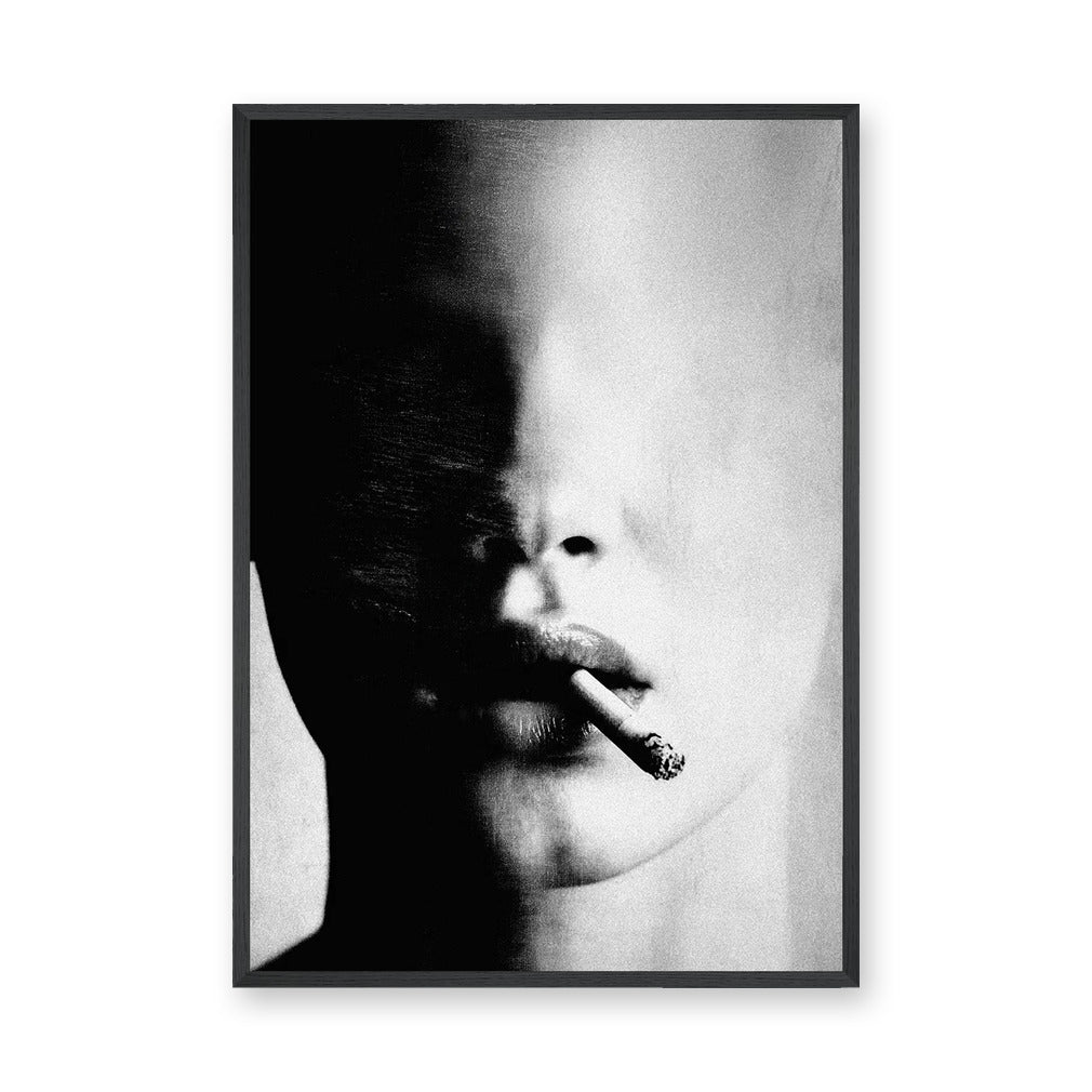 Smoking Portrait Modern Wall Art – Grainy Black and White Close-Up