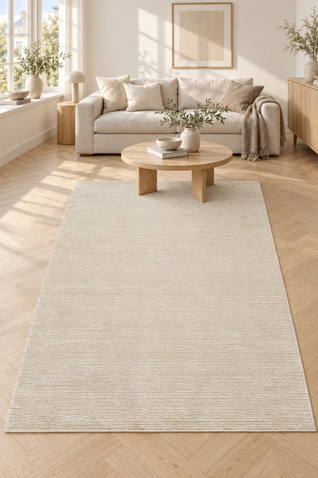 Soft Modern Shag Area Rug – Cream 1 in a living room