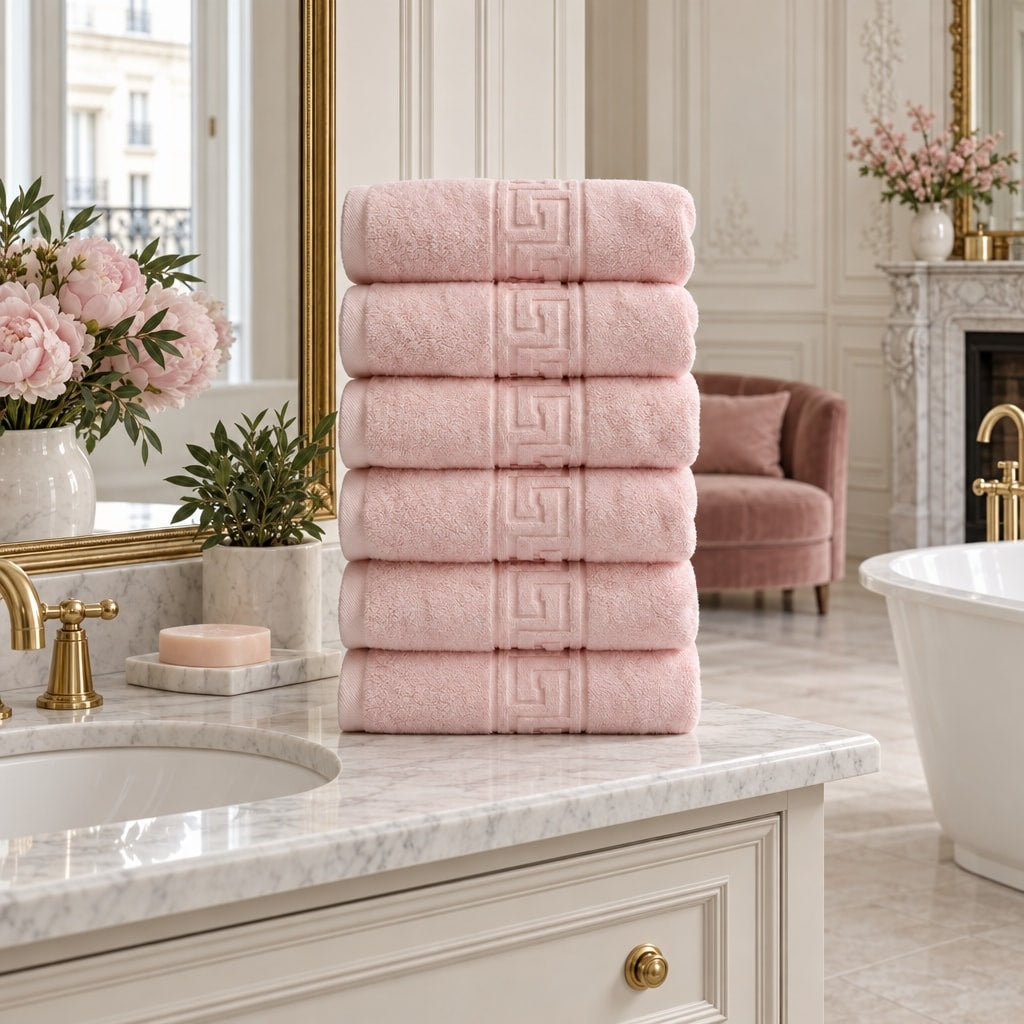 Solid Cotton Hand Towel Set of 6 – Blush in a bathroom