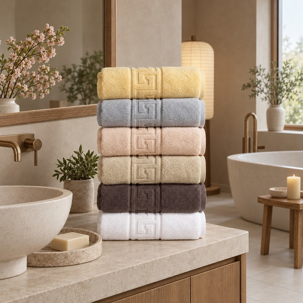 Solid Cotton Hand Towel Set of 6 – White, Cream, Charcoal, Blush, Gray in a bathroom