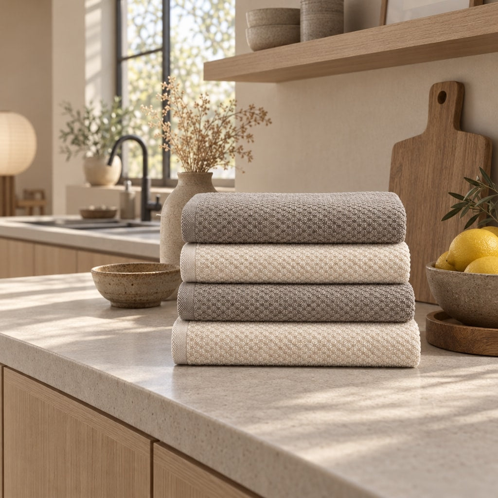 Solid Cotton Kitchen Towel Set of 4 – Taupe & Cream in a kitchen