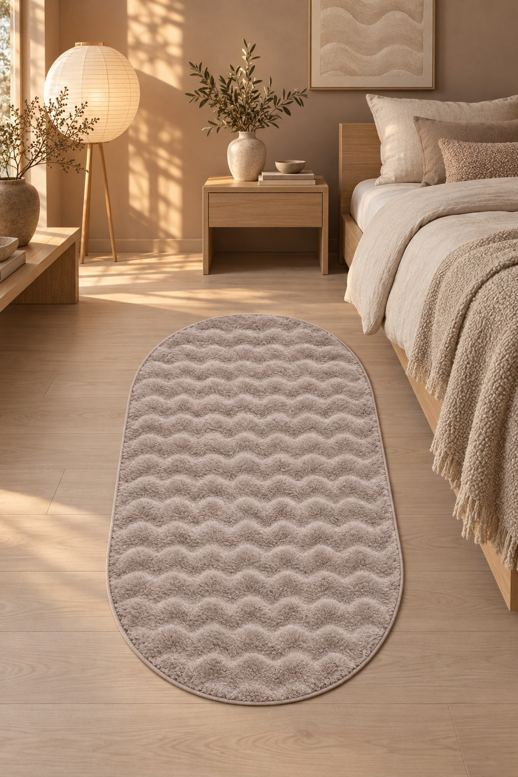 Solid Modern Oval Shag Rug – Brown in a bedroom
