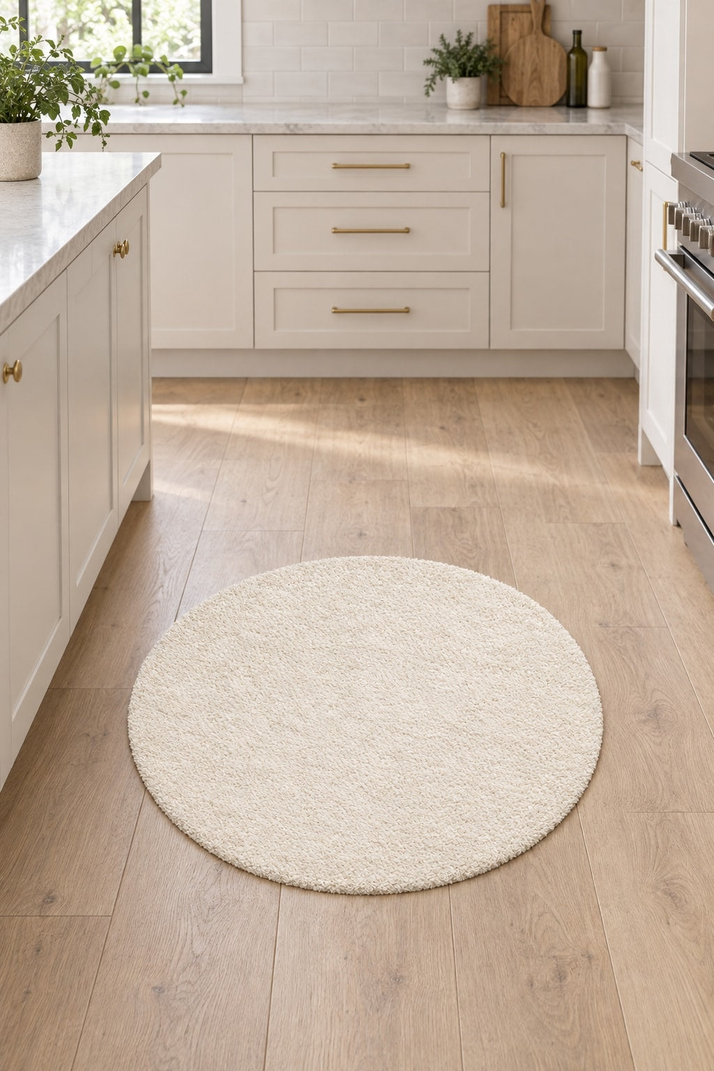 Solid Modern Round Plush Rug – Ecru in a kitchen