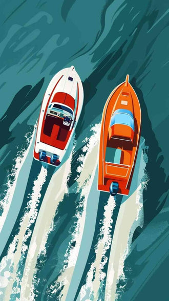 Speedboats Modern Retro Wall Art – Racing Boats on Teal Ocean Water