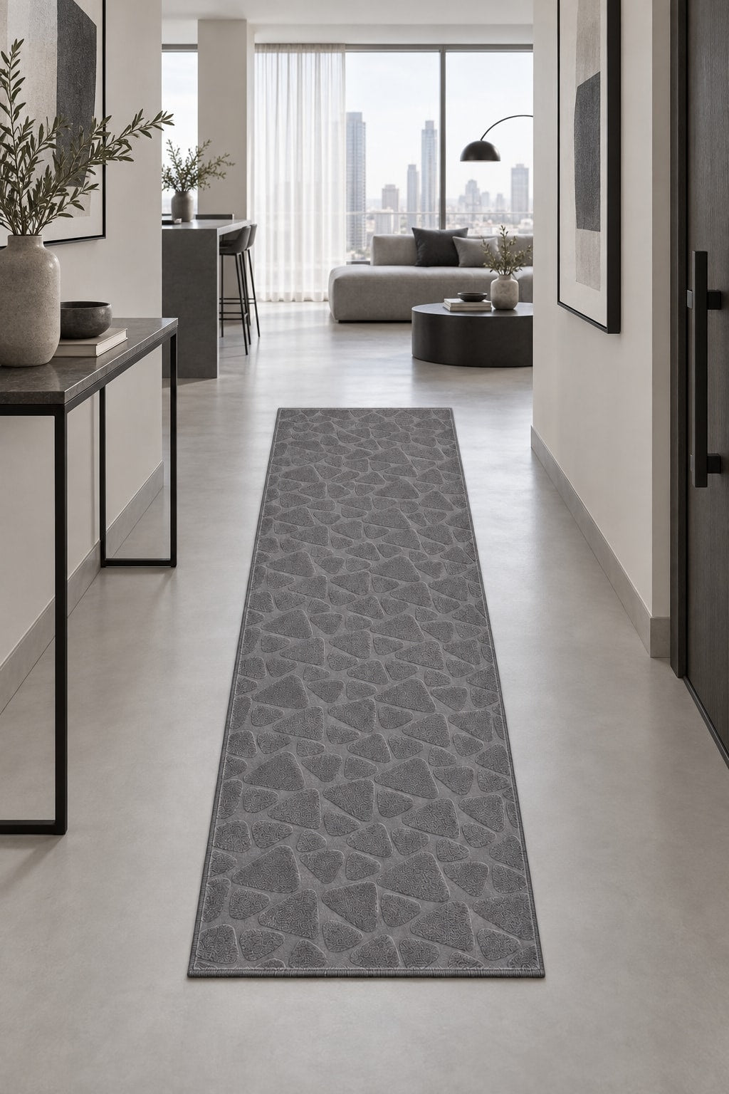 Stone Stripe Modern Runner Rug in a hallway