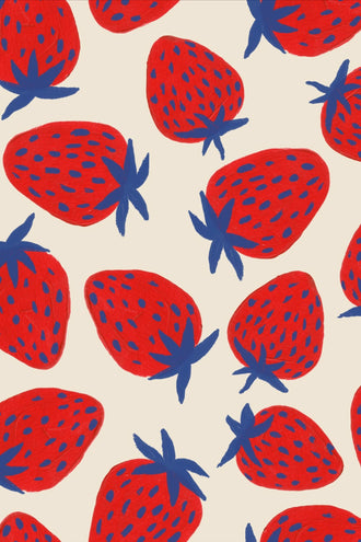 Strawberry Pop Art Wall Art – Red Blue Fruit Pattern on Cream