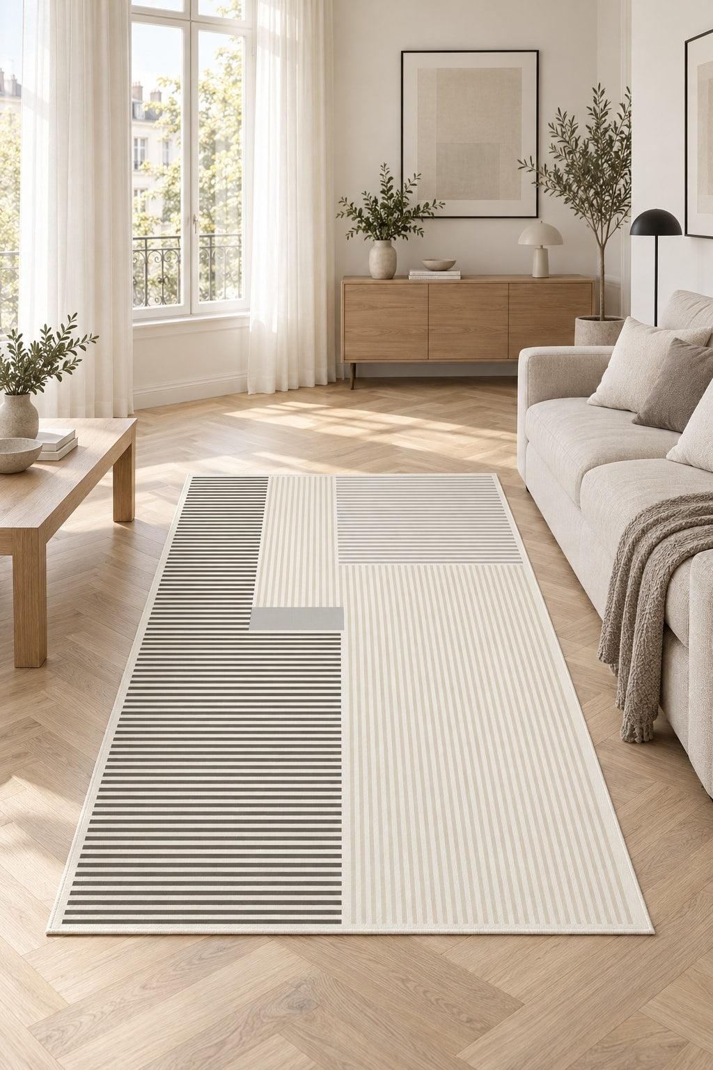 Striped Modern Area Rug – Gray in a living room