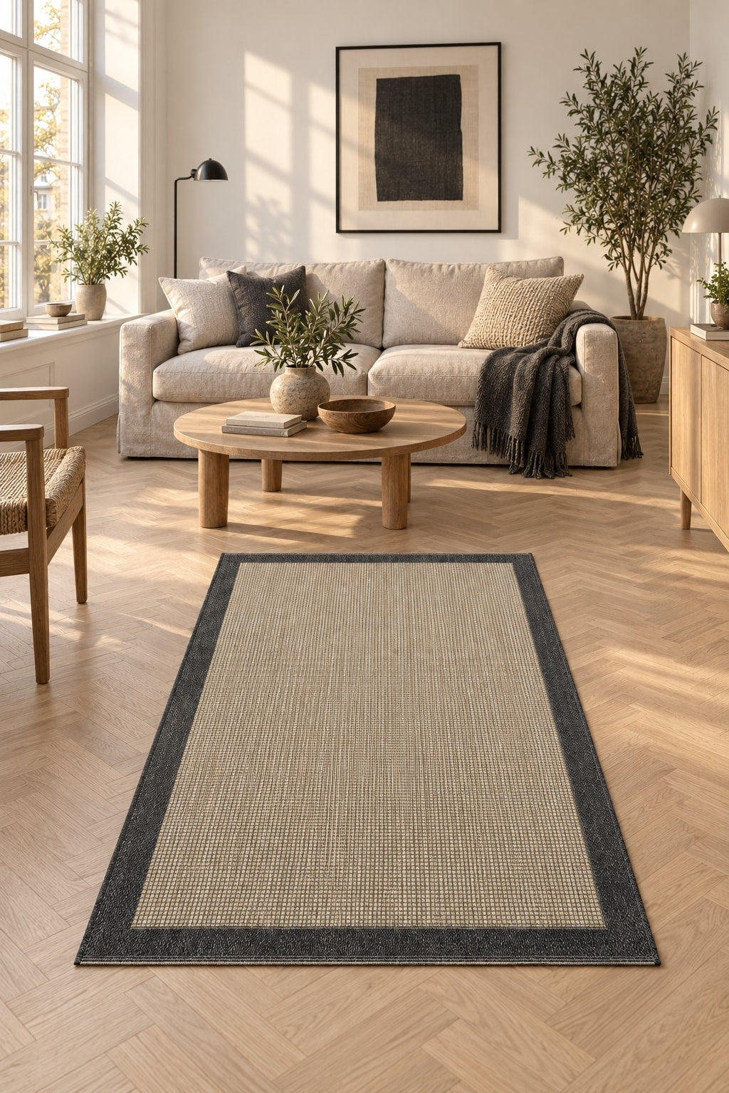 Striped Modern Kitchen Rug – Dark Gray in a living room