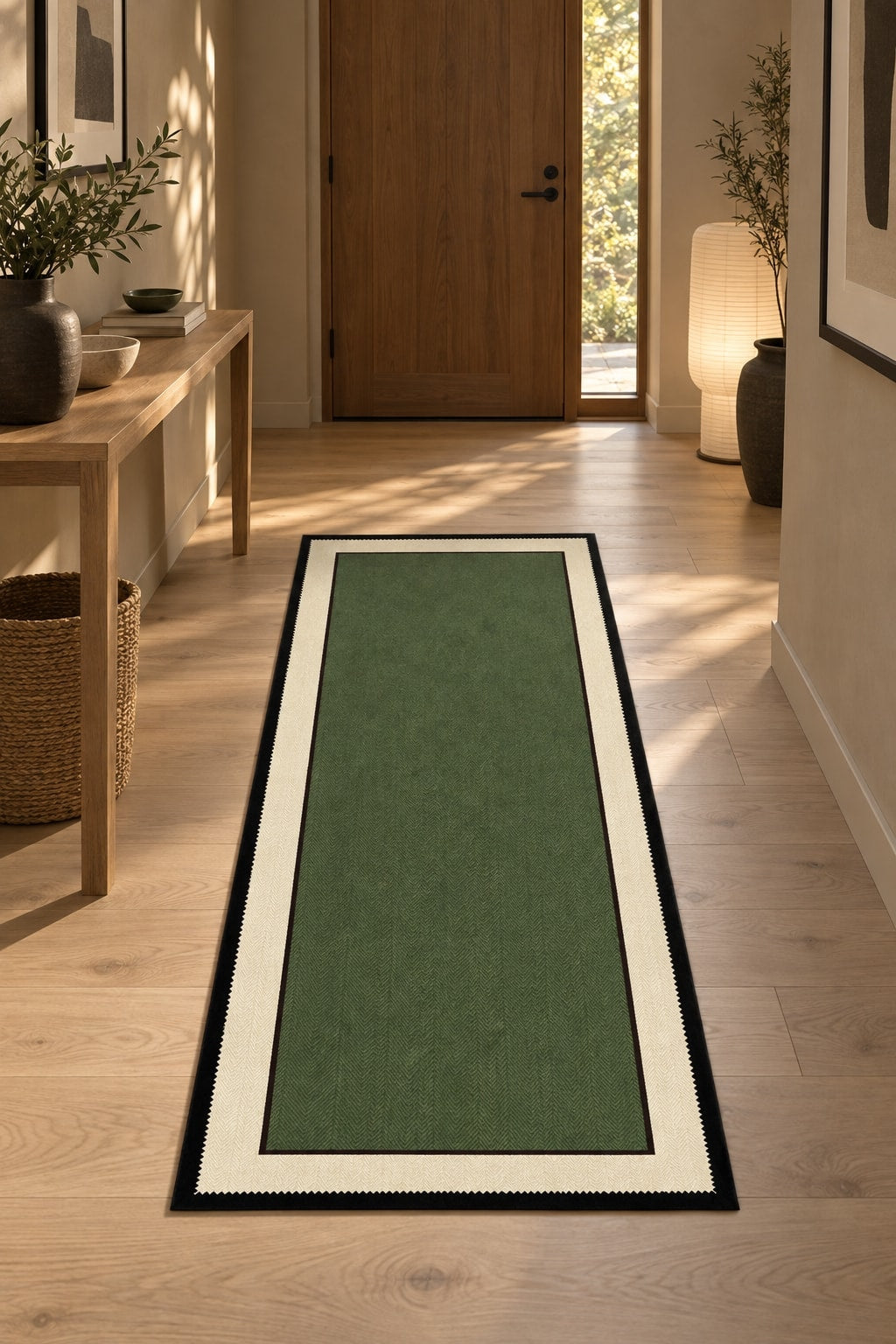 Striped Modern Kitchen Rug – Green 1 in a hallway