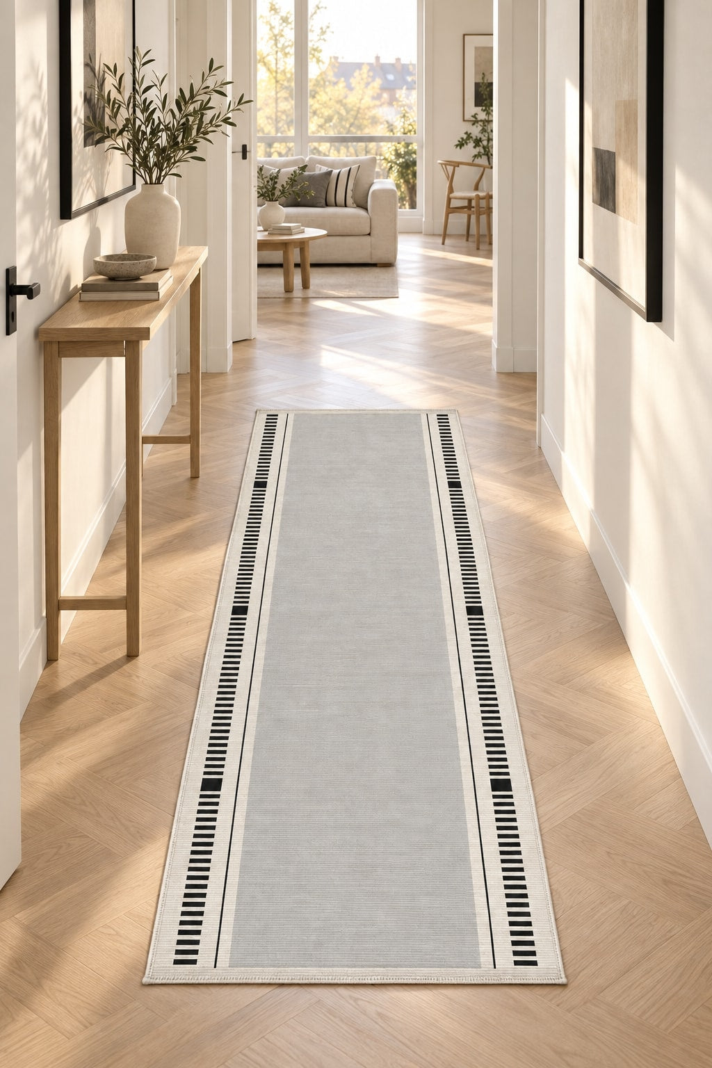 Striped Modern Kitchen Runner Rug – Cream in a hallway