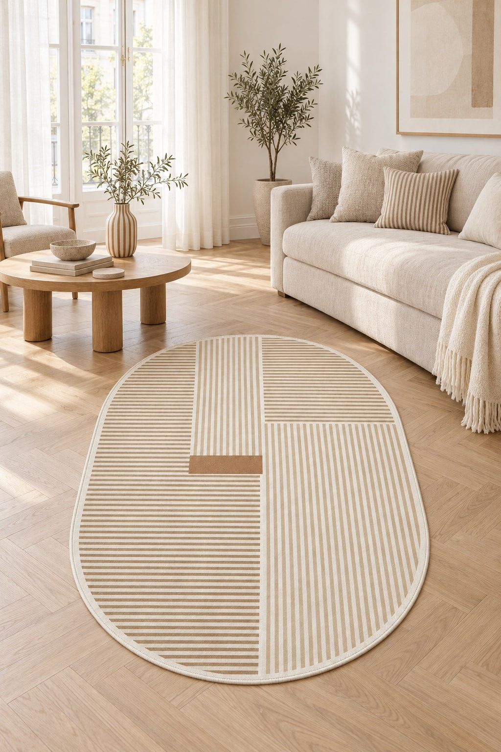 Striped Modern Oval Rug – Beige in a living room