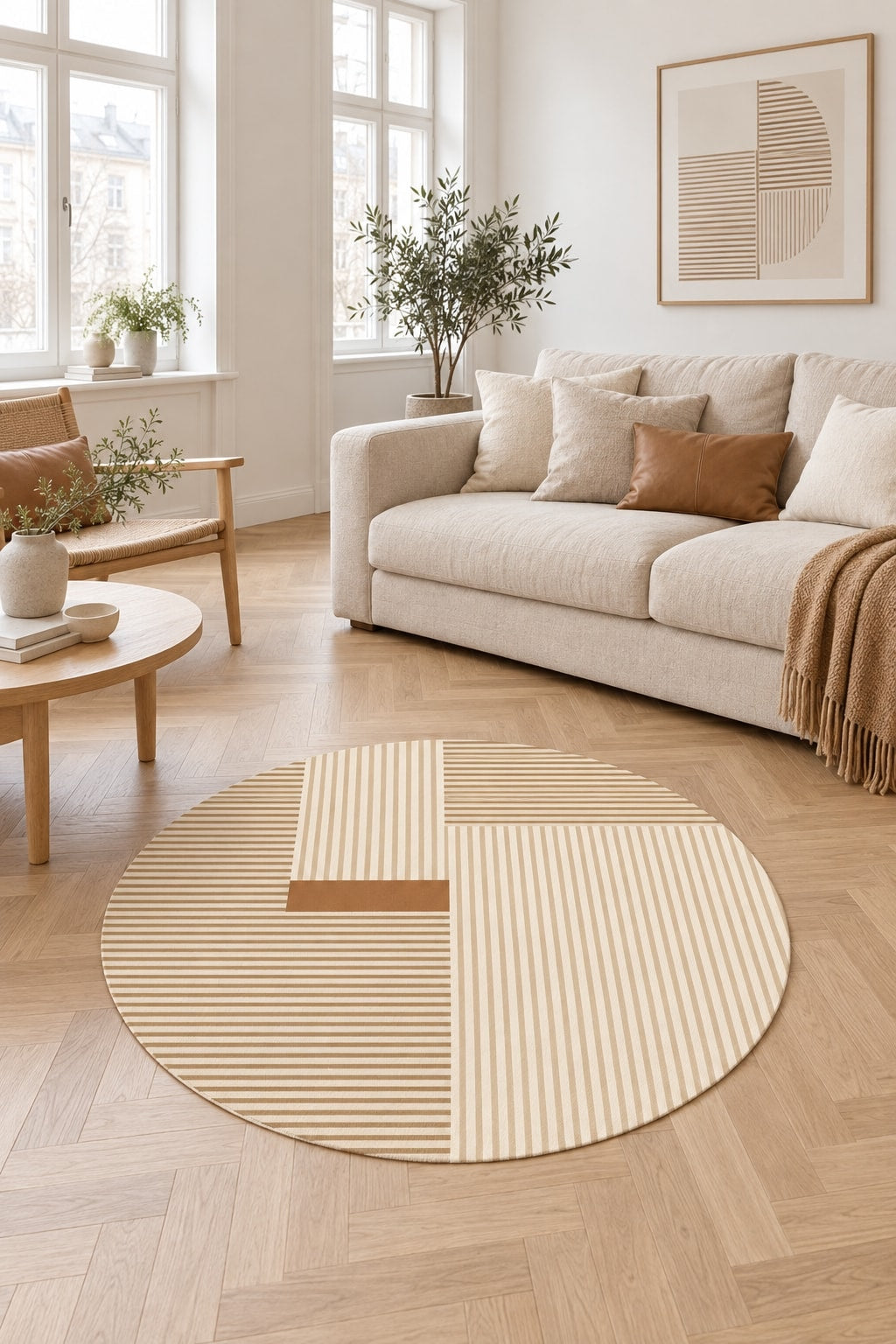 Striped Modern Round Area Rug – Multicolor in a living room