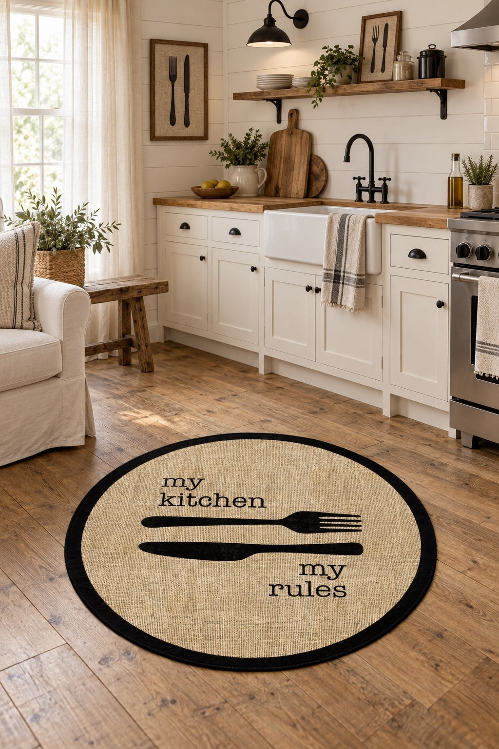 Striped Modern Round Kitchen Rug – Black in a kitchen