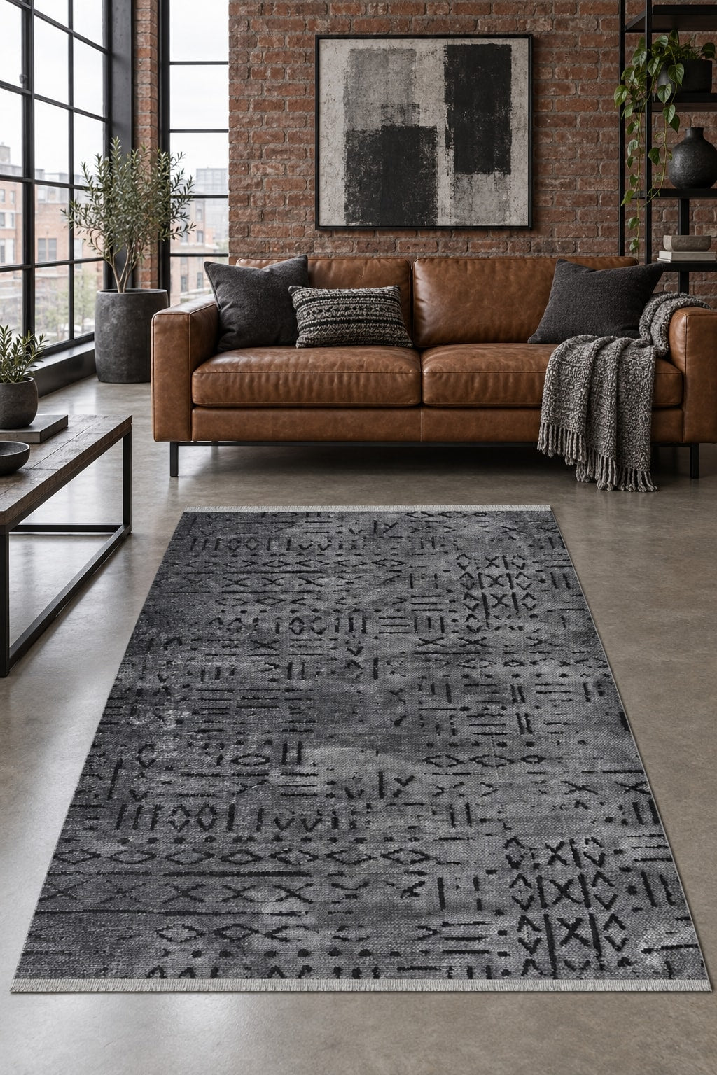 Striped Scandinavian Area Rug – Charcoal in a living room