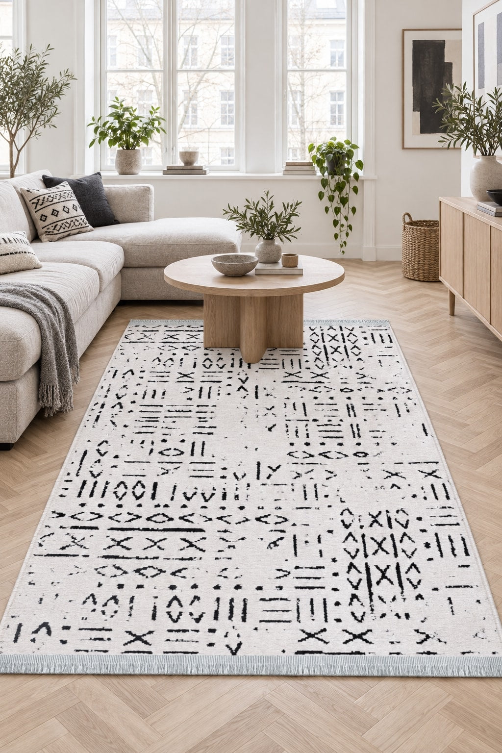 Striped Scandinavian Area Rug – White in a living room