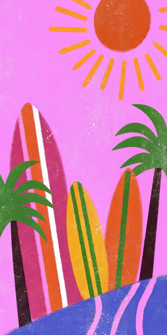 Surfboard Palm Tree Pop Art Wall Art – Retro Coastal Sun and Wave