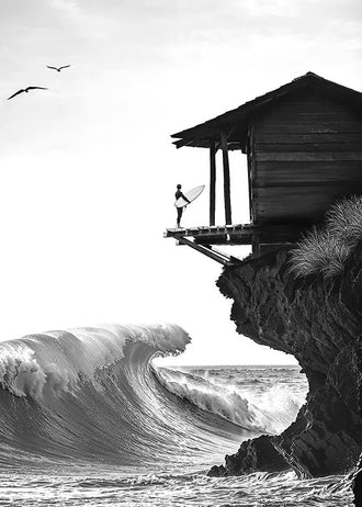 Surfer Ocean Coastal Wall Art – Black and White Cliff Wave Print