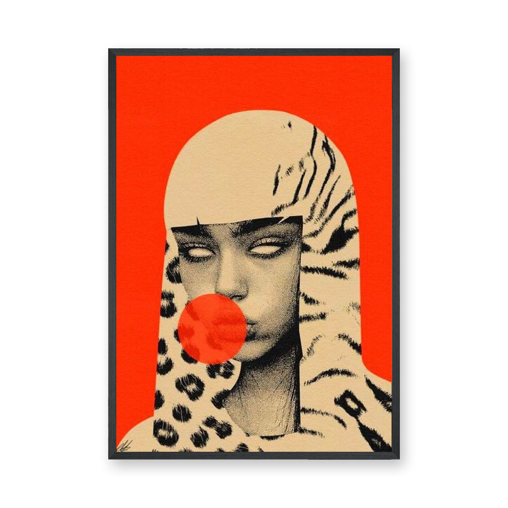 Surreal Portrait Pop Art Wall Art – Woman Blowing a Red Bubble