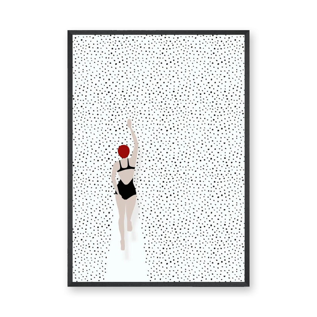 Swimmer Minimalist Wall Art – Black Suit and Red Cap on Dotted White