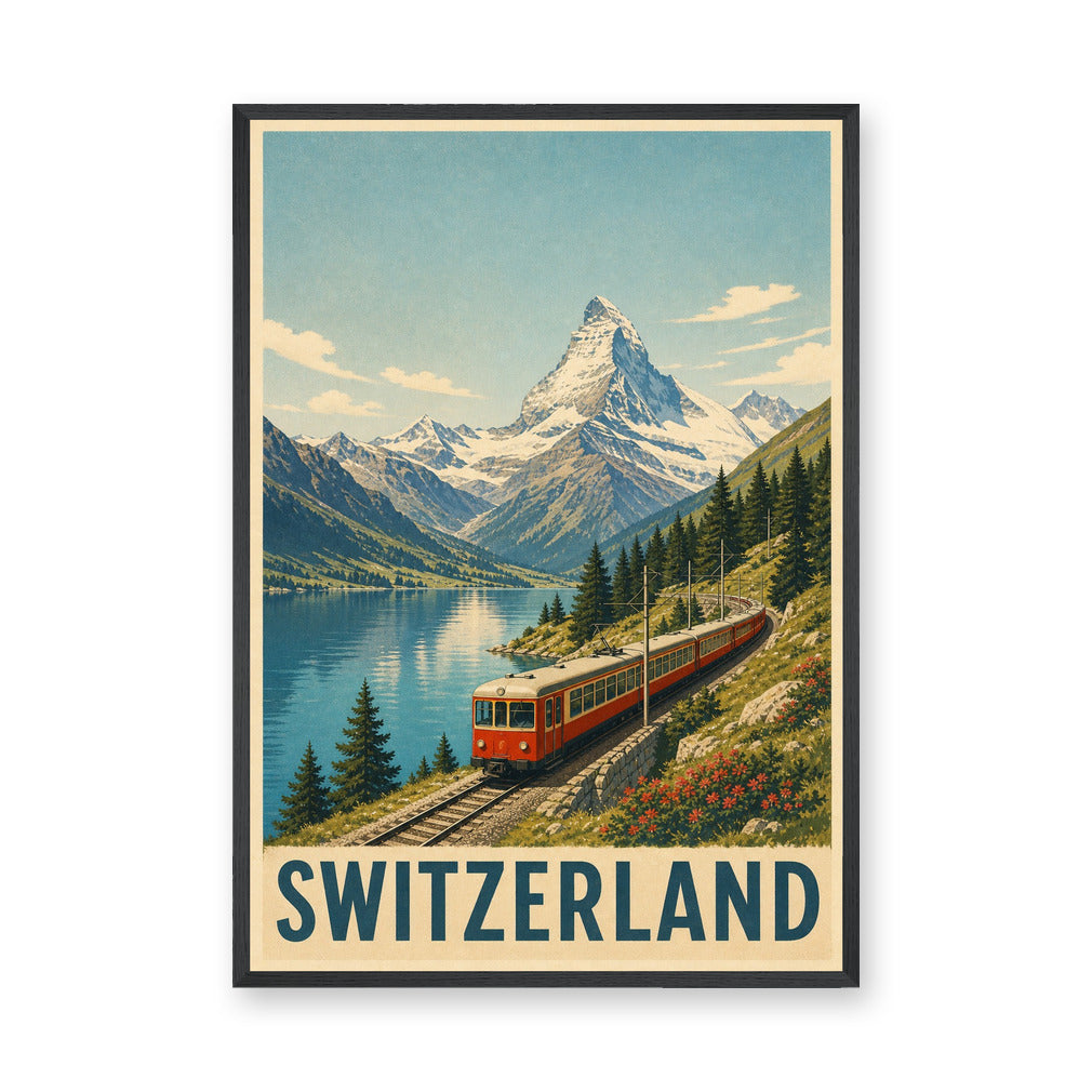 Switzerland Train Vintage Wall Art – Alpine Lake Travel Poster