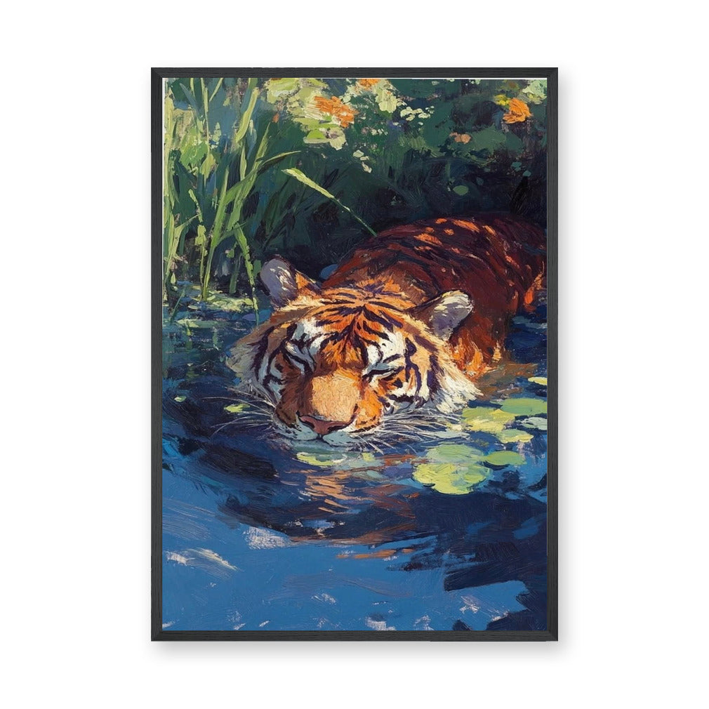 Tiger Pond Traditional Wall Art – Painterly Tiger Among Lily Pads