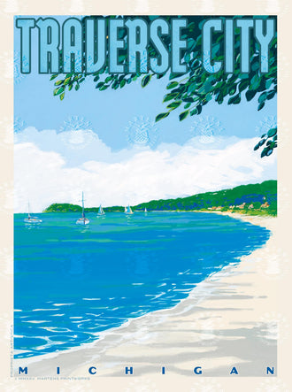 Traverse City Beach Coastal Wall Art – Michigan Bay Sailboats and Text