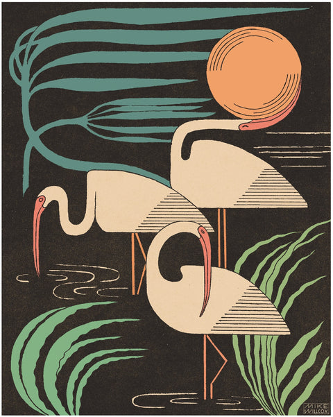 Tropical Birds Art Deco Wall Art – Cream Birds with Green Foliage