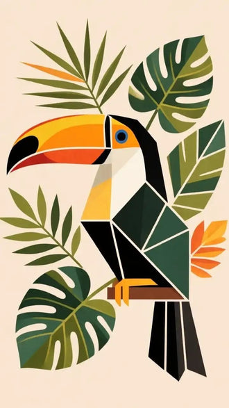 Tropical Toucan Geometric Botanical Wall Art – Modern Jungle Bird Print