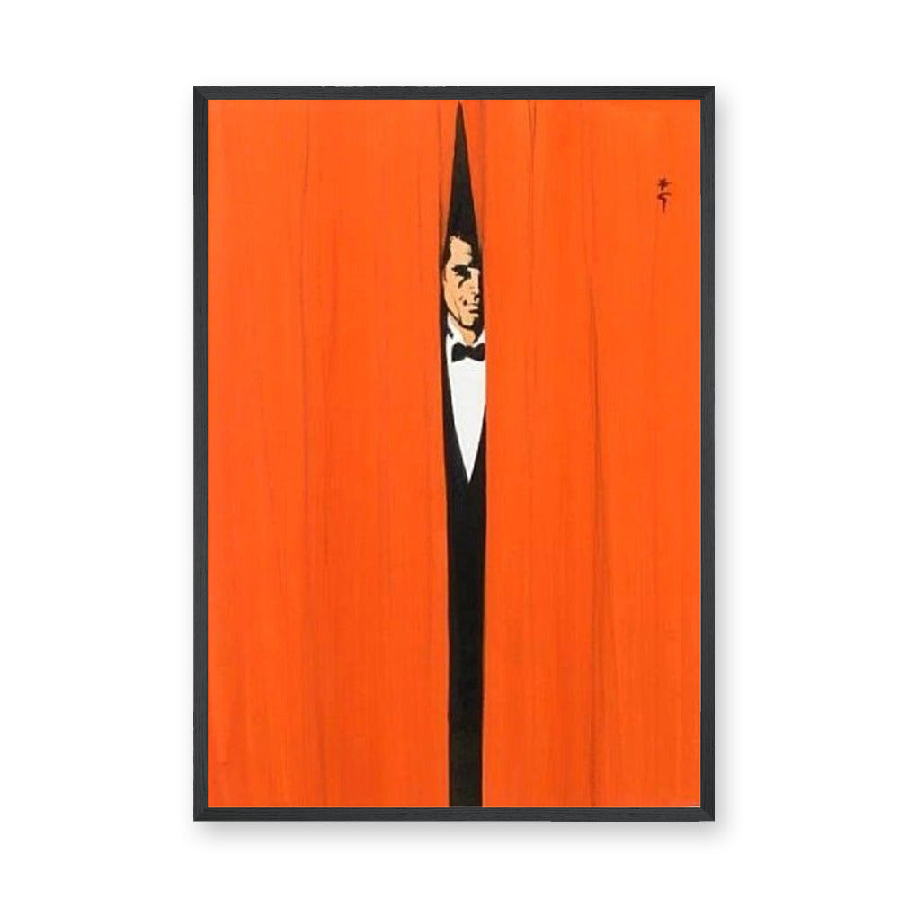 Tuxedo Man Minimalist Wall Art – Orange Curtain Spy Portrait