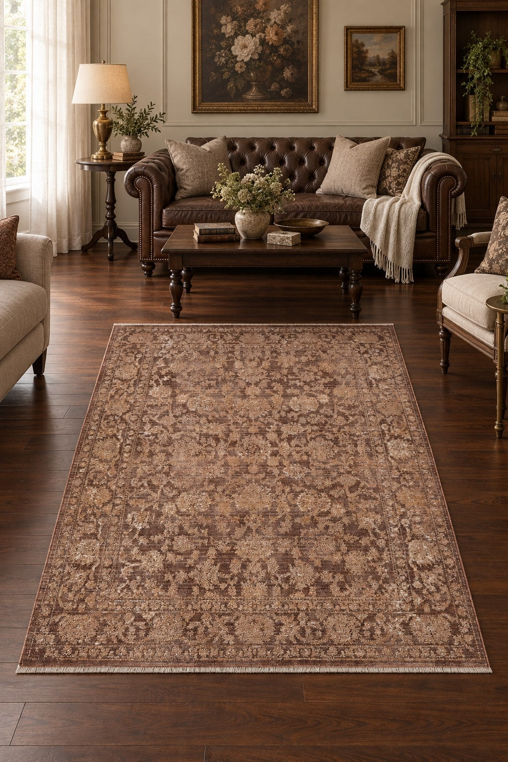 Vintage Modern Area Rug – Dusty Rose in a living room