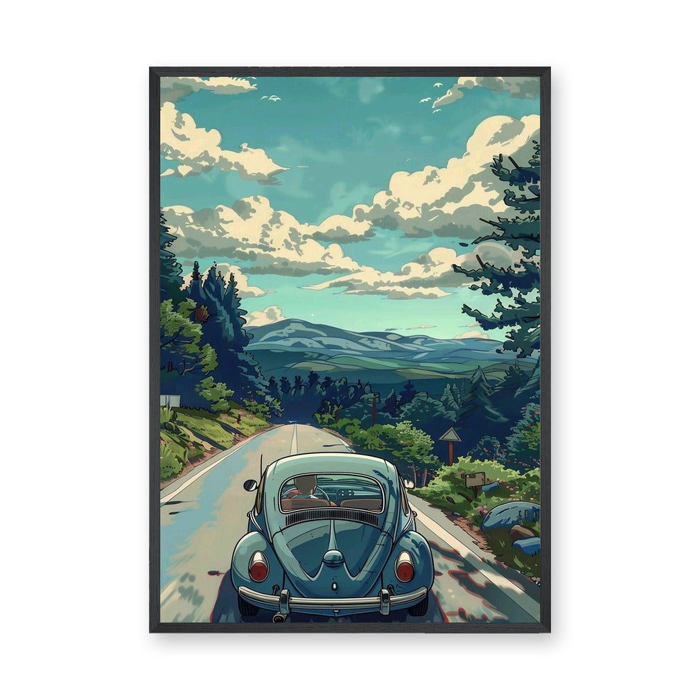 Volkswagen Beetle Landscape Retro Wall Art – Forest Road Mountain Drive