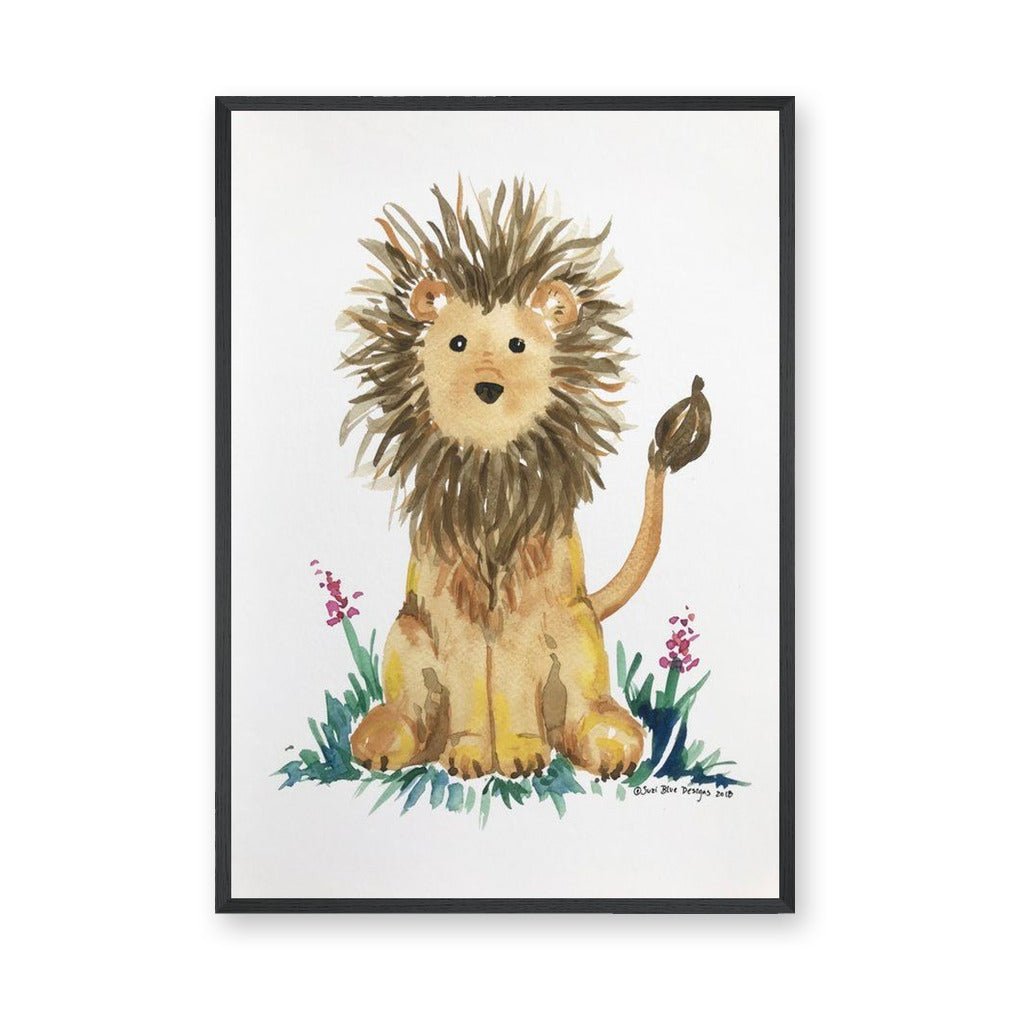 Watercolor Lion Cub Wall Art – Cute Floral Safari Nursery Print