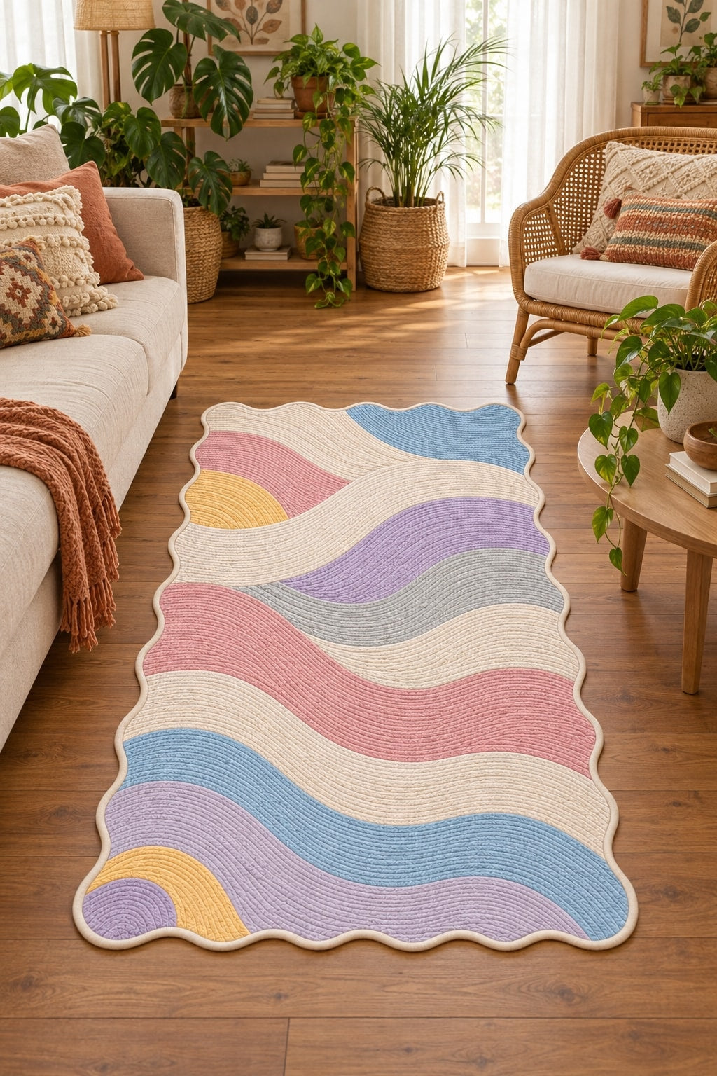 Wavy Abstract Area Rug – Pastel in a living room