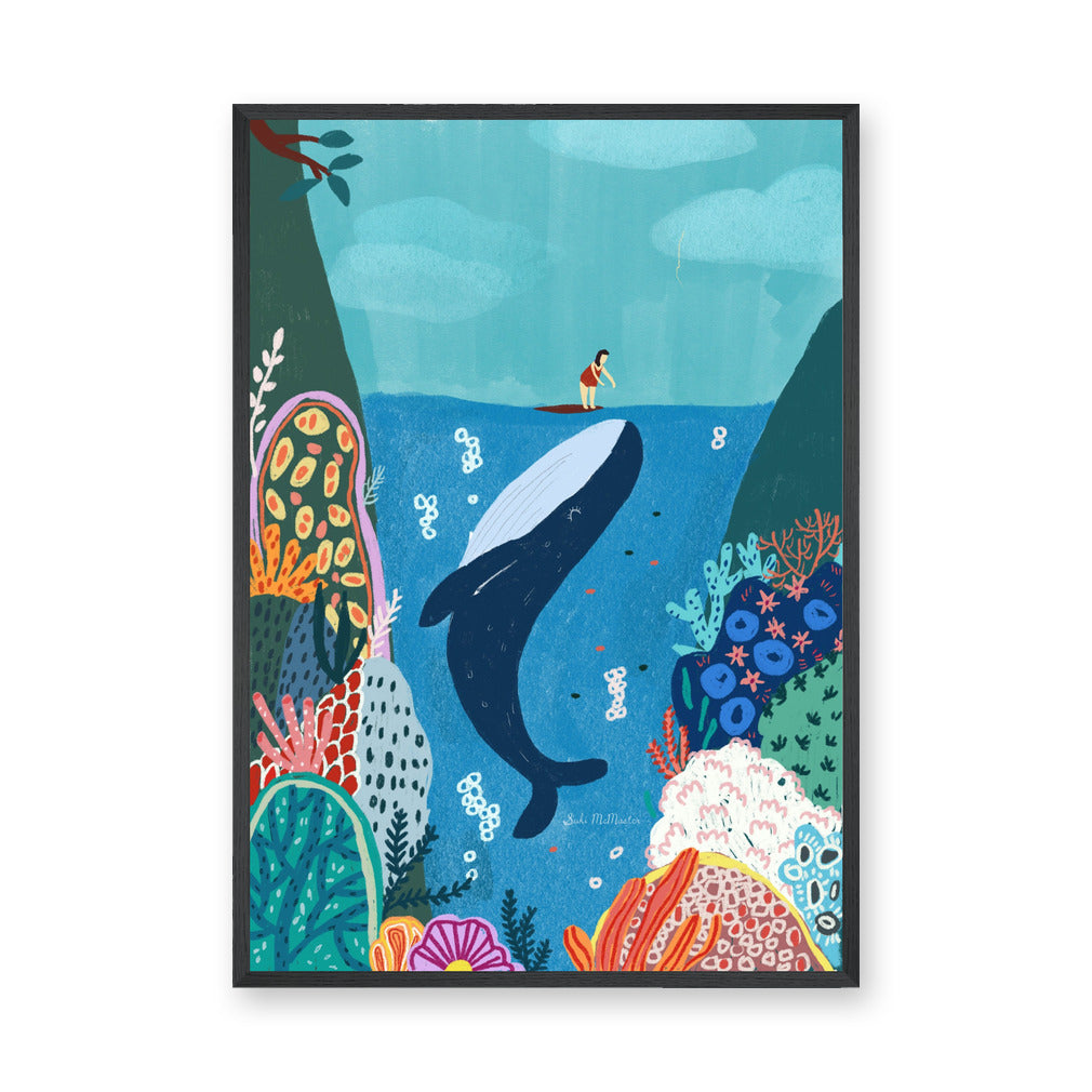 Whale Surfer Coastal Kids Wall Art – Colorful Coral Reef Adventure