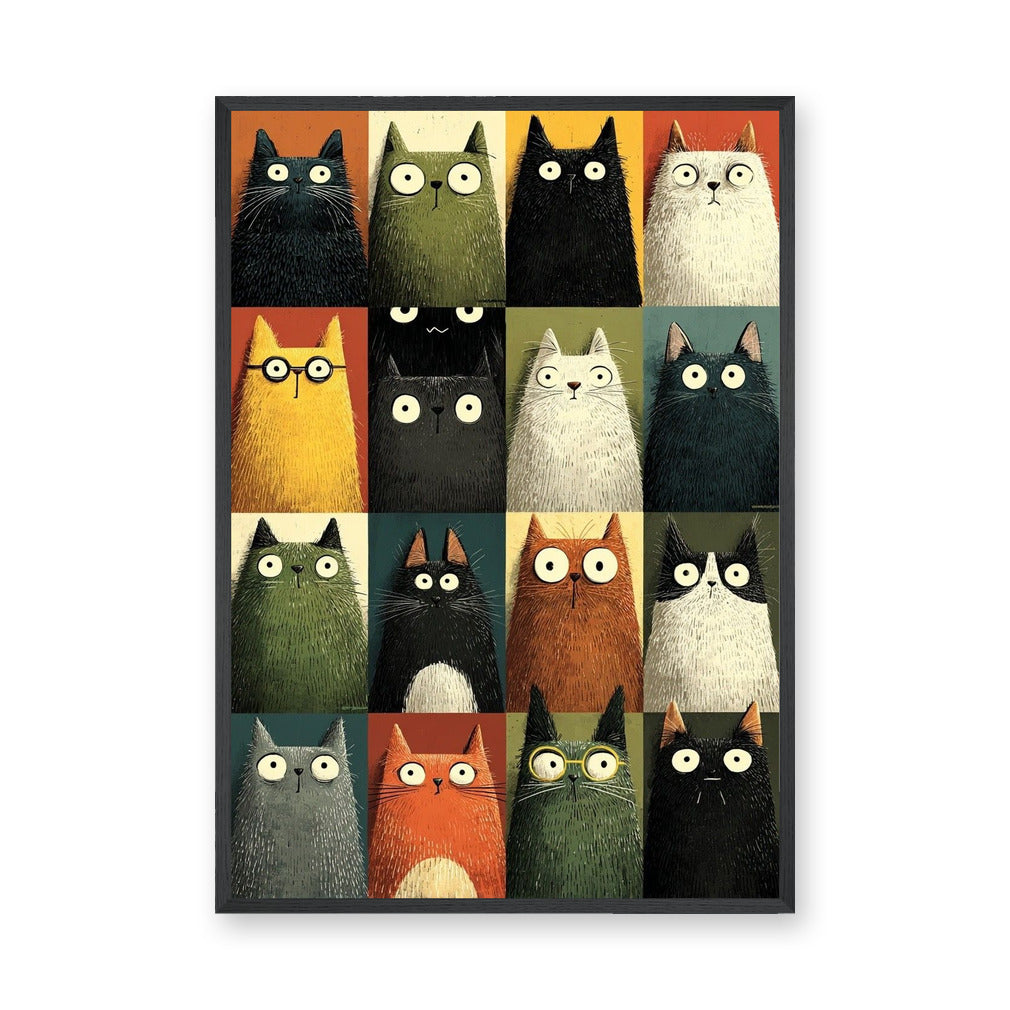 Whimsical Retro Cat Wall Art – Colorful Wide-Eyed Cat Grid Print