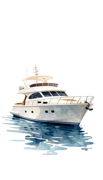 White Yacht Coastal Wall Art – Watercolor Boat on Blue Water