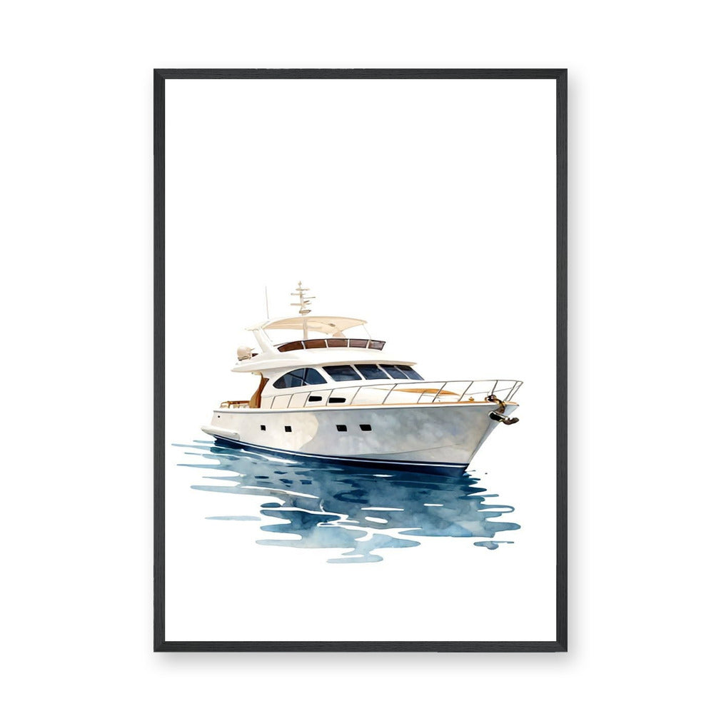 White Yacht Coastal Wall Art – Watercolor Boat on Blue Water