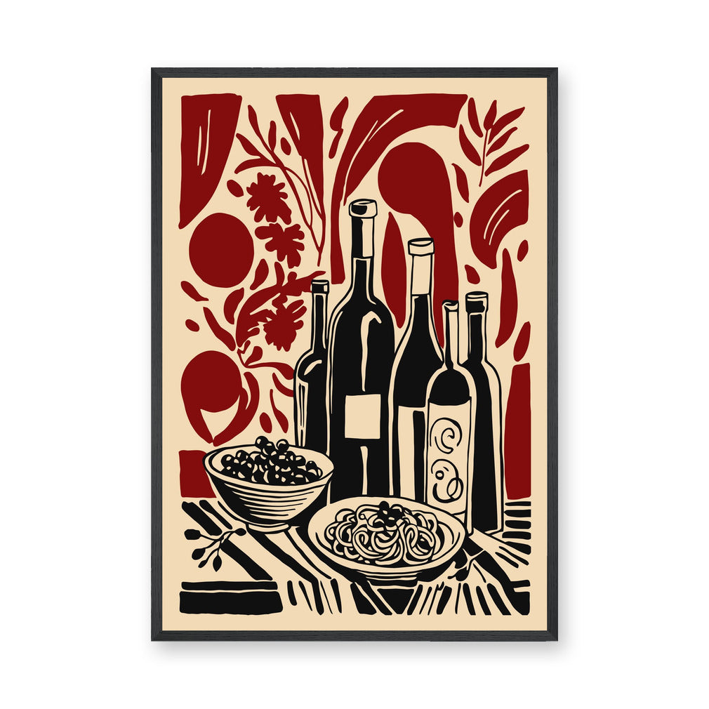Wine Table Still Life Modern Wall Art – Red Botanical Dining Print