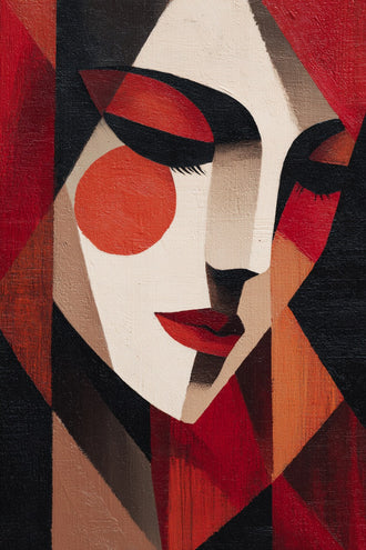 Woman Portrait Geometric Abstract Wall Art – Red Black Cubist Face Print