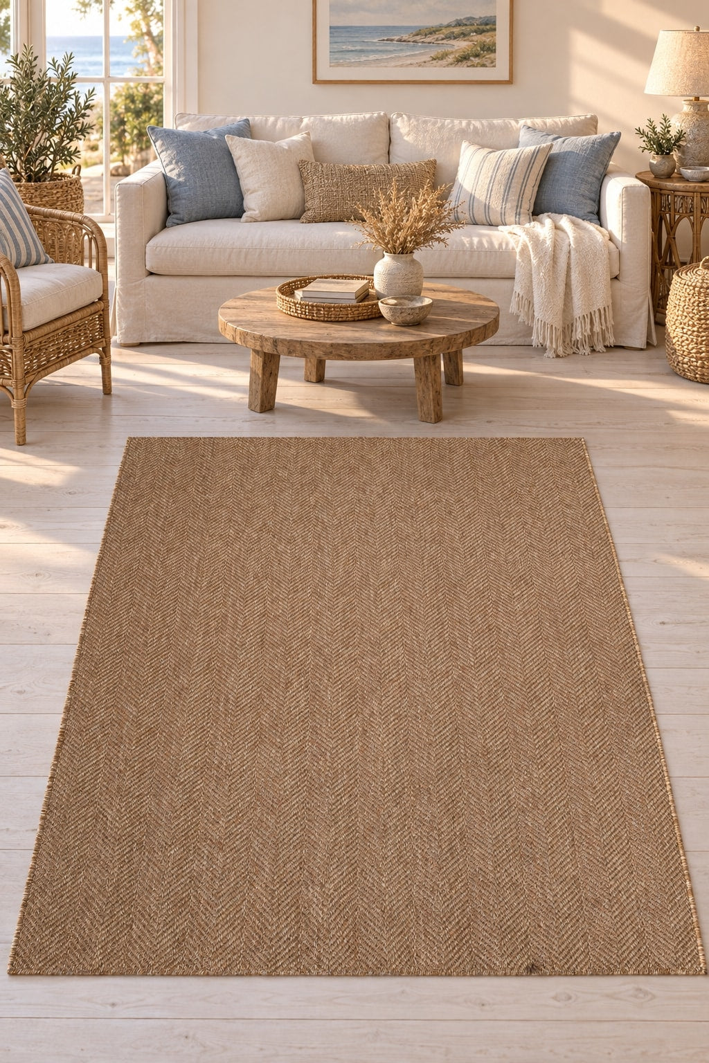 Woven Stripe Scandinavian Kitchen Rug – Light Brown in a living room
