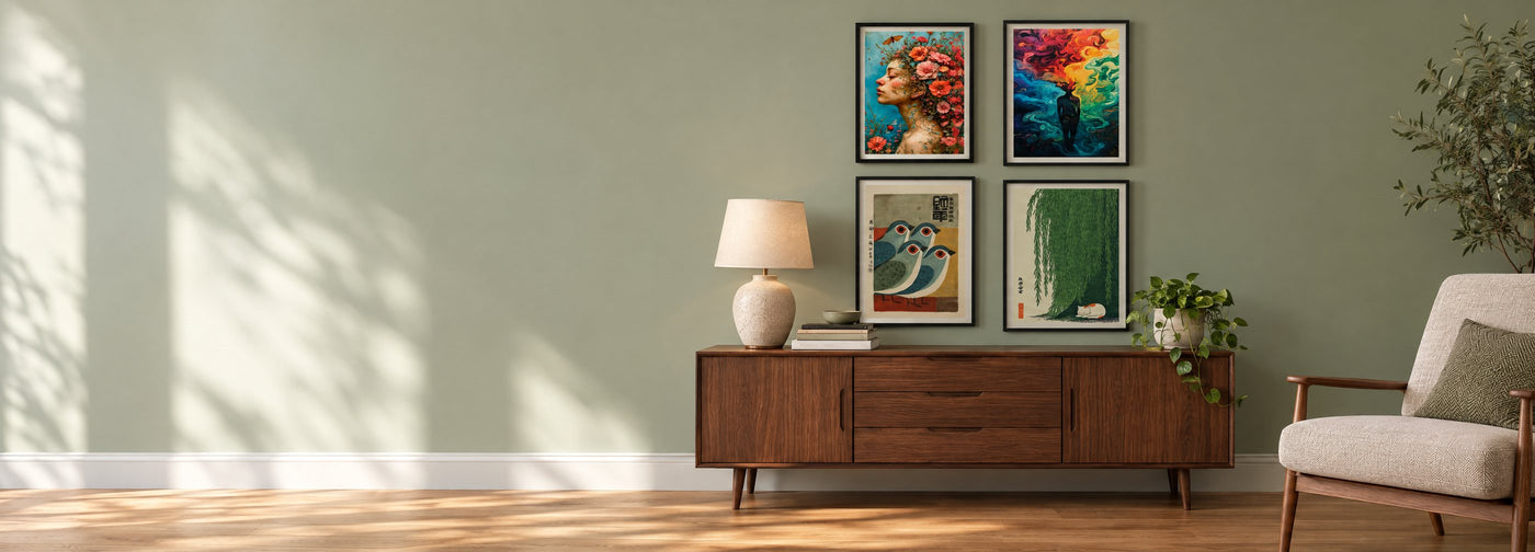 Gallery wall of four framed art prints above a walnut sideboard