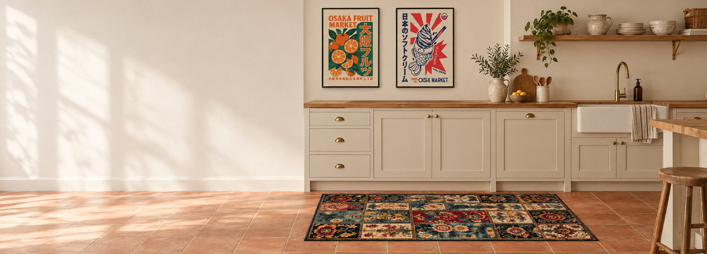 Kitchen with a floral patchwork rug and two framed market posters
